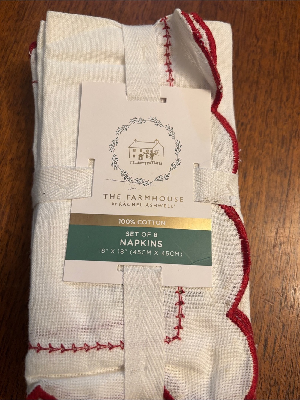 The Farmhouse by Rachel Ashwell 100% Cotton Napkins - White with Red Trim